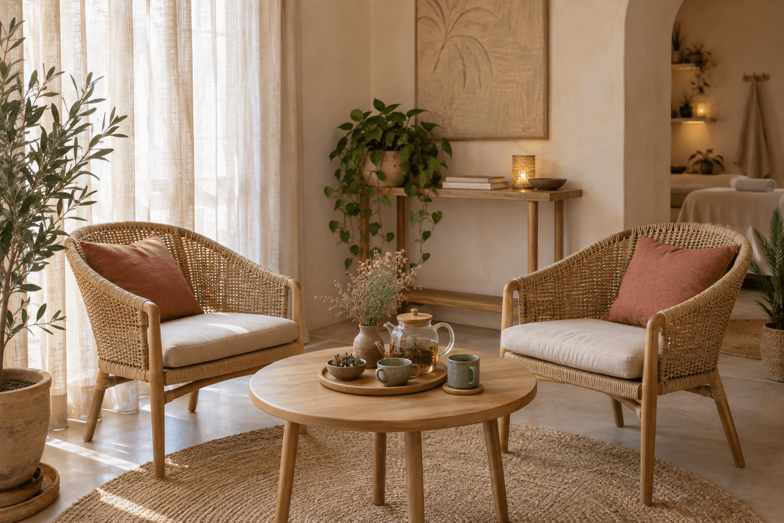 Rincón interior del estudio con luz natural, plantas y una silla de espera de líneas simples.