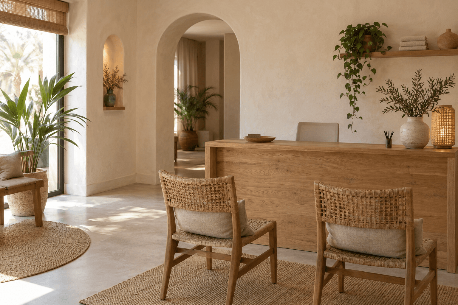 Recepción cálida con mostrador de madera natural, textiles de lino y luz suave de entrada.
