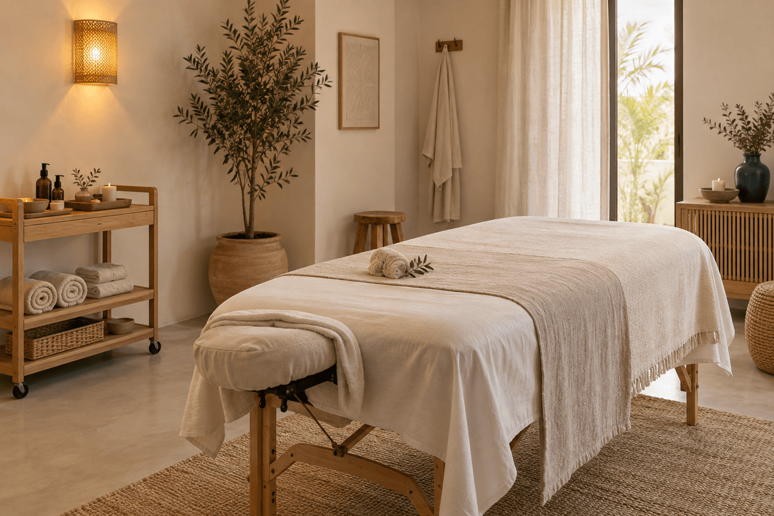 Sala de tratamiento serena con camilla profesional, luz tenue y tonos neutros.