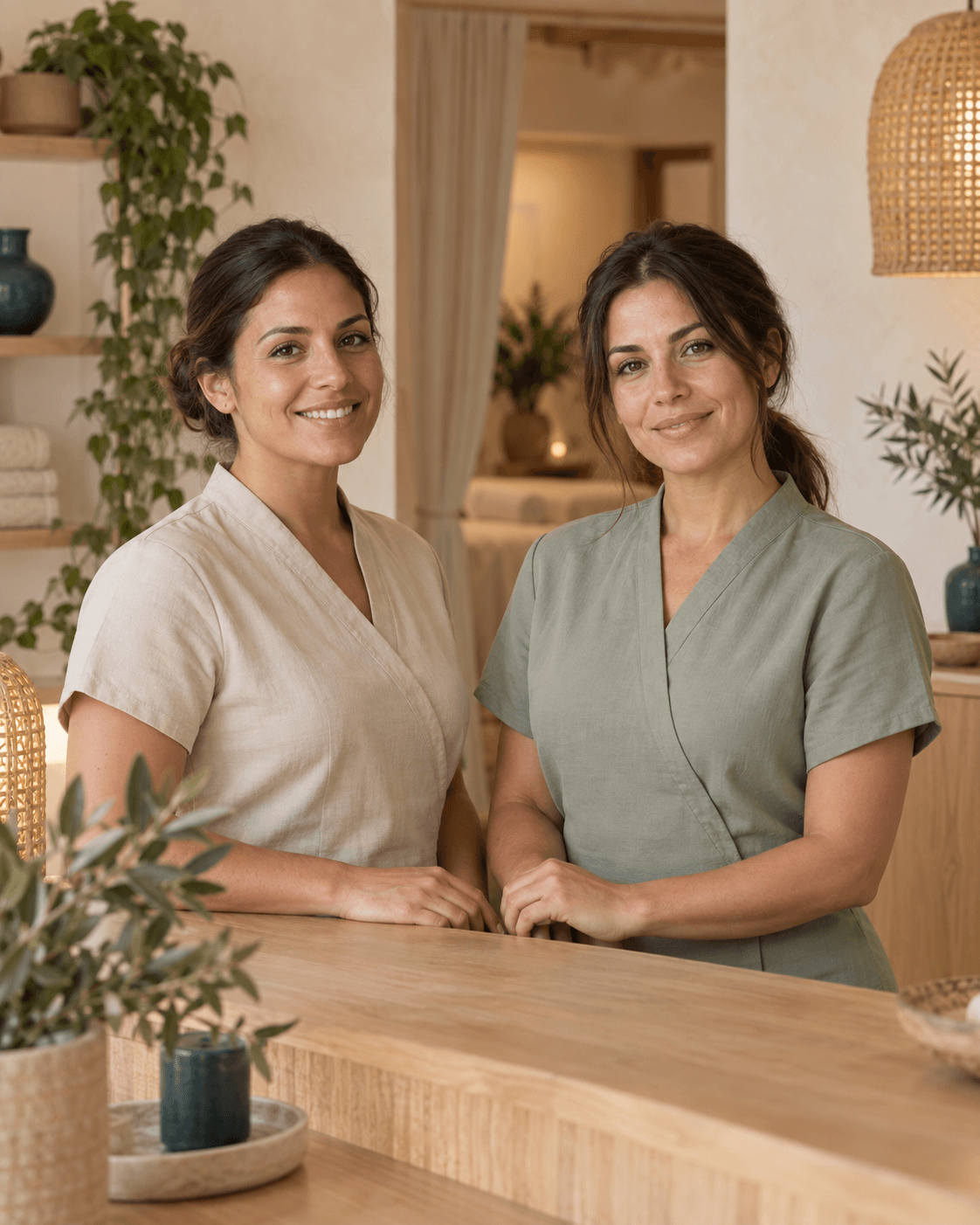 Ana y Clara, las dos profesionales ficticias del equipo, en la recepción del estudio.